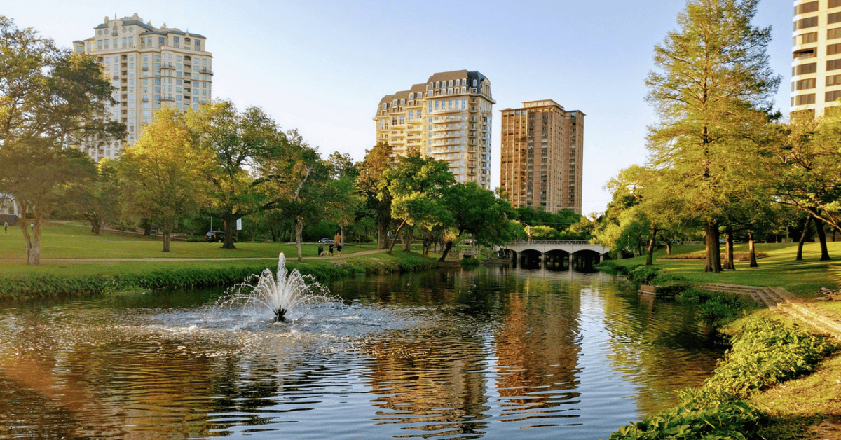 Cityscape of Katy, Texas over a body of water