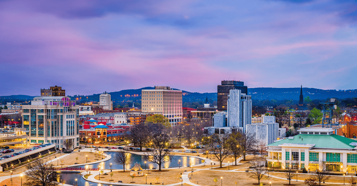 Park and downtown cityscape at twilight