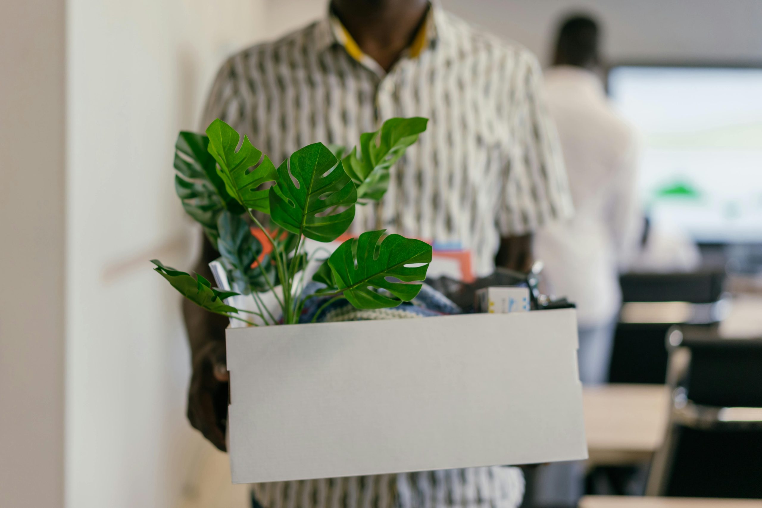 man in an office holding a box full of office supplies